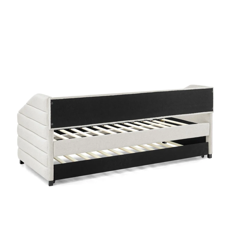 Twin Size Daybed with Pull-Out Trundle and Wingback Arms, Sofa Bed with Diamond-Tufted Backrest, 82.5" L x 42.5" W x 34" H, Beige