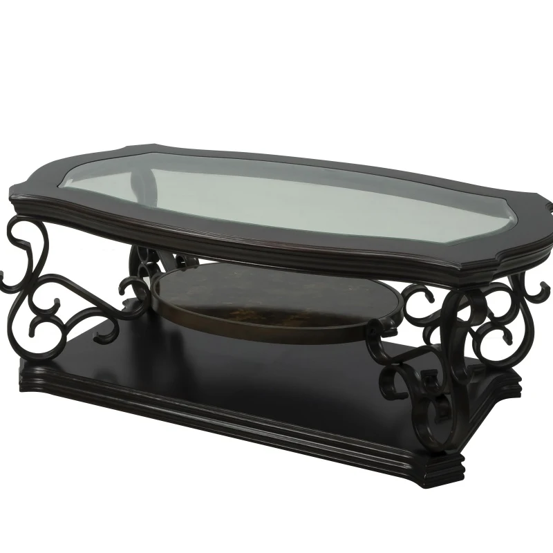 Cocktail Table with Tempered Beveled Glass Top, Marble Paper, Powder-Coated Metal Legs, Desk for Living Room, 52" L x 32" W x 20.5" H, Brown