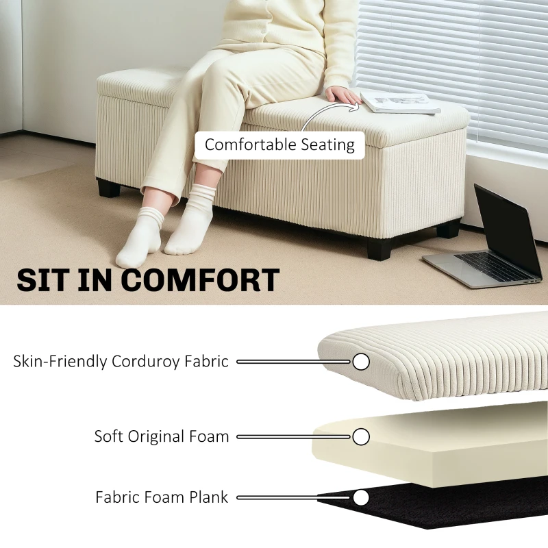 HOMCOM 44 Inches Ottoman with Storage, Lid, Legs, Corduroy End of Bed Bench for Living Room, Bedroom, Entryway, Beige