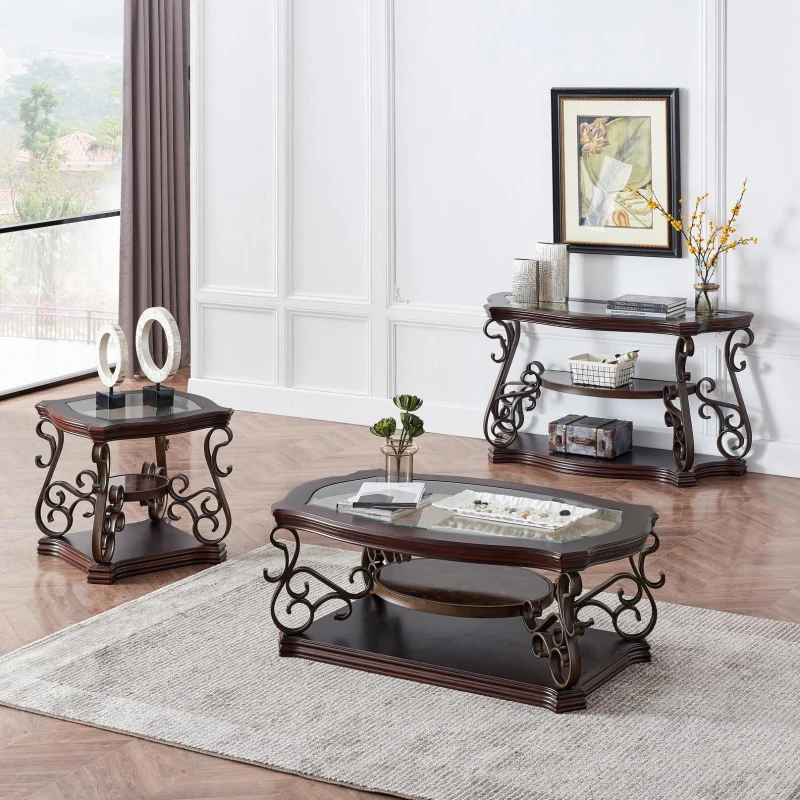 Stylish Sofa Table with Beveled Glass Top, MDF Birch Veneer Middle Shelf, Desk with Powder-Coated Serpentine Legs, 54" L x 20" W x 30" H, Brown