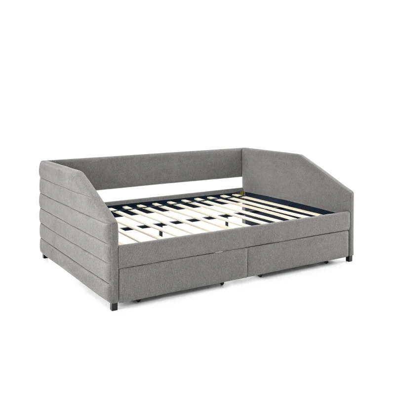 Queen Size Upholstered Daybed with Pull-Out Trundle and Storage Drawers, Assembly Required with All Tools, 88" L x 64.5" W x 34" H, Grey