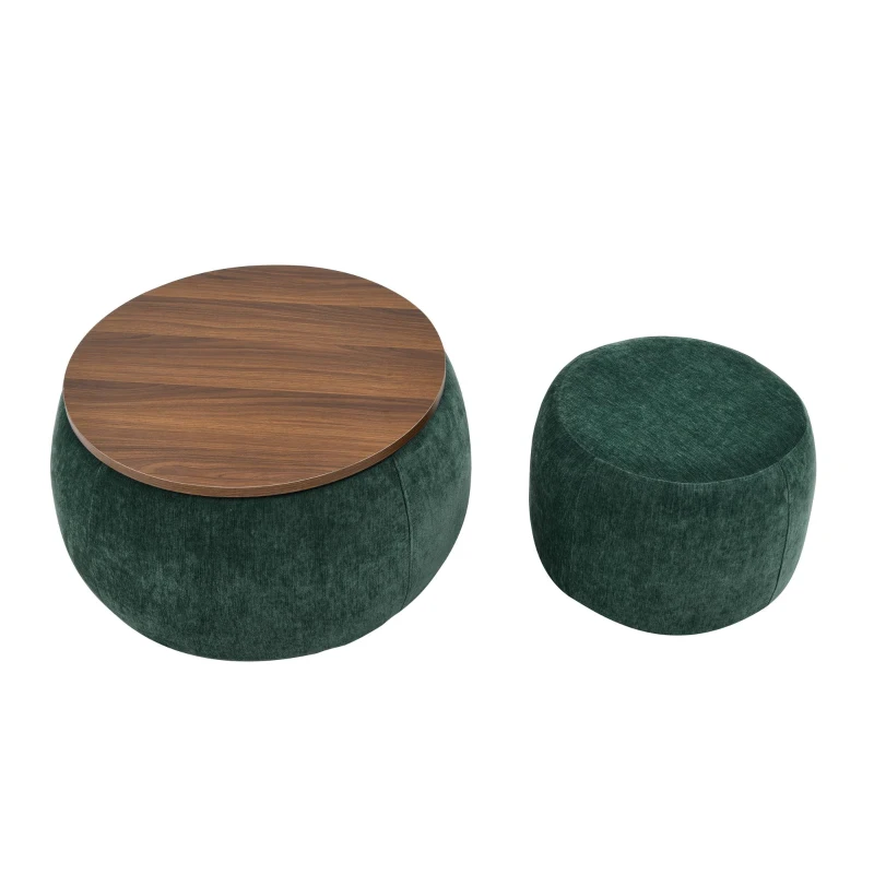 2-in-1 Round Storage Ottoman with Removable Top for Storage, End Table with Eucalyptus Wood Frame, 25" L x 25" W x 15" H, Green