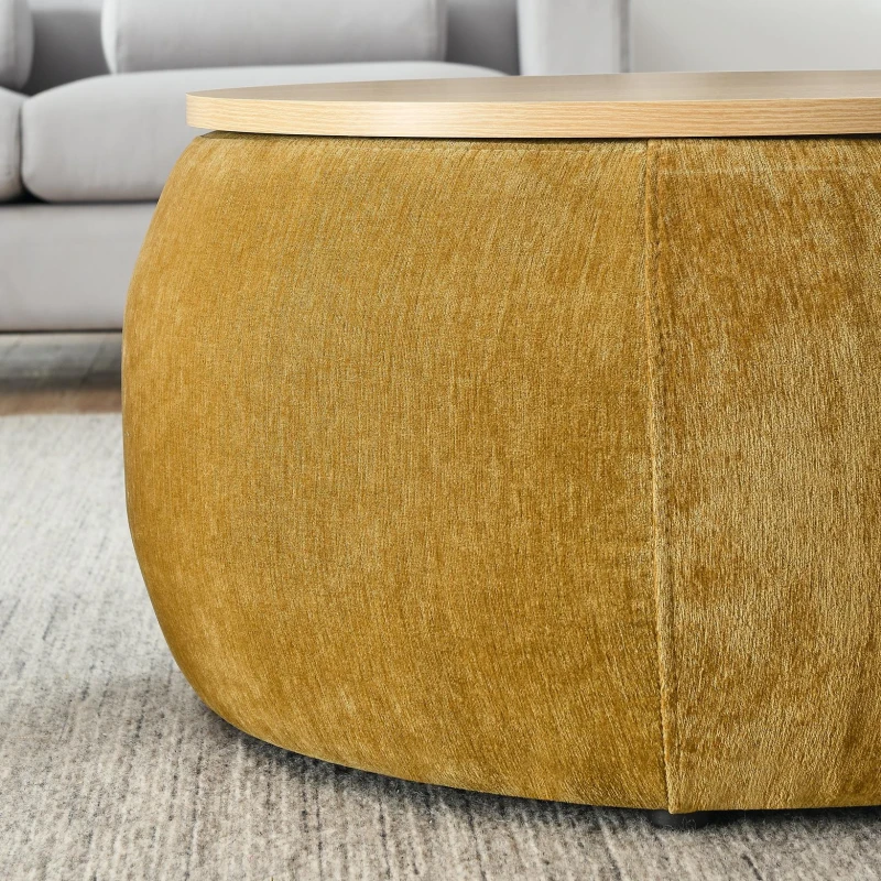 2-in-1 Round Storage Ottoman with Removable Top for Storage, End Table with Eucalyptus Wood Frame, 25" L x 25" W x 15" H, Dark Yellow