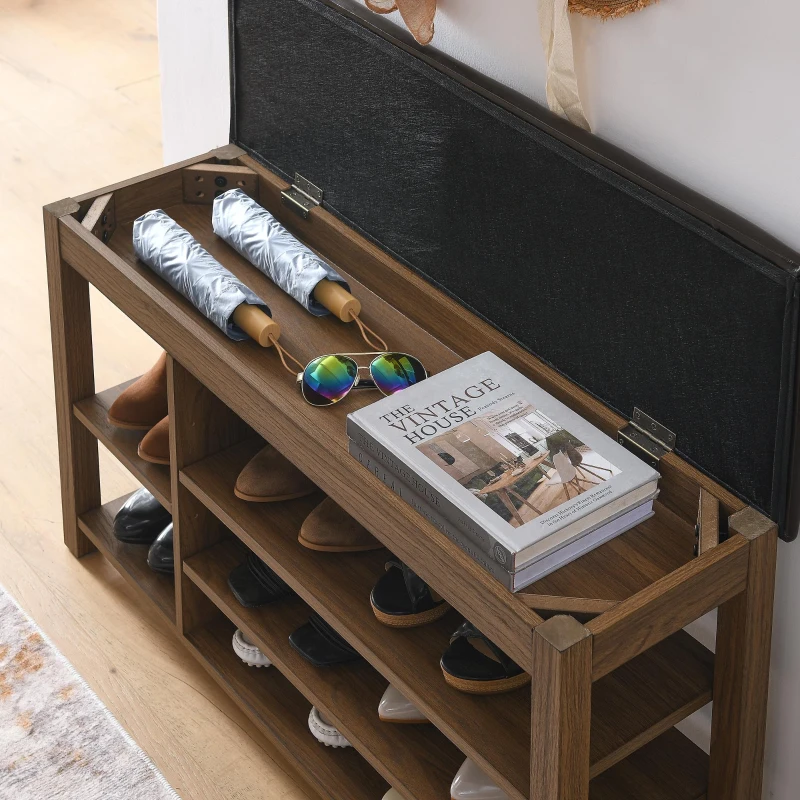 Height-Adjustable Long Shoe Bench with Lift-Up Concealed Storage, Durable Stool with Ventilated Compartments, 39.5" L x 12" W x 22" H, Brown