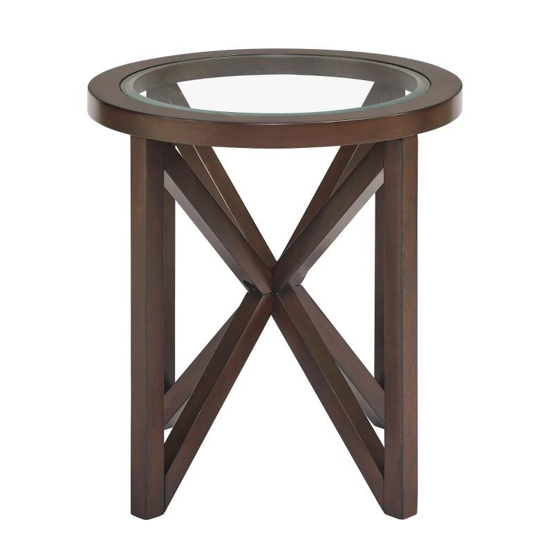 Modern Round Glass Coffee Table with Tempered Glass Top, Solid Poplar Wood Tripod Base, Desk for Living Room, 22" L x 22" W x 22" H, Cherry