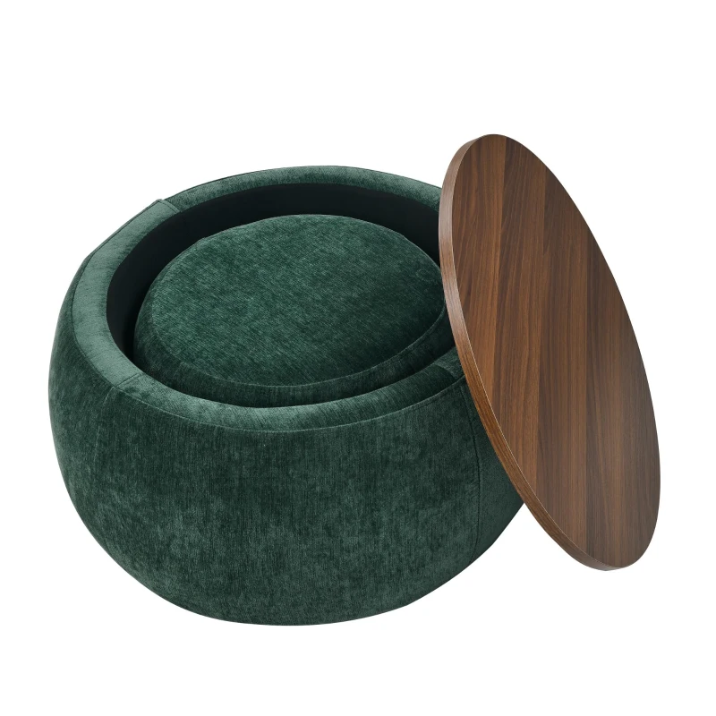 2-in-1 Round Storage Ottoman with Removable Top for Storage, End Table with Eucalyptus Wood Frame, 25" L x 25" W x 15" H, Green