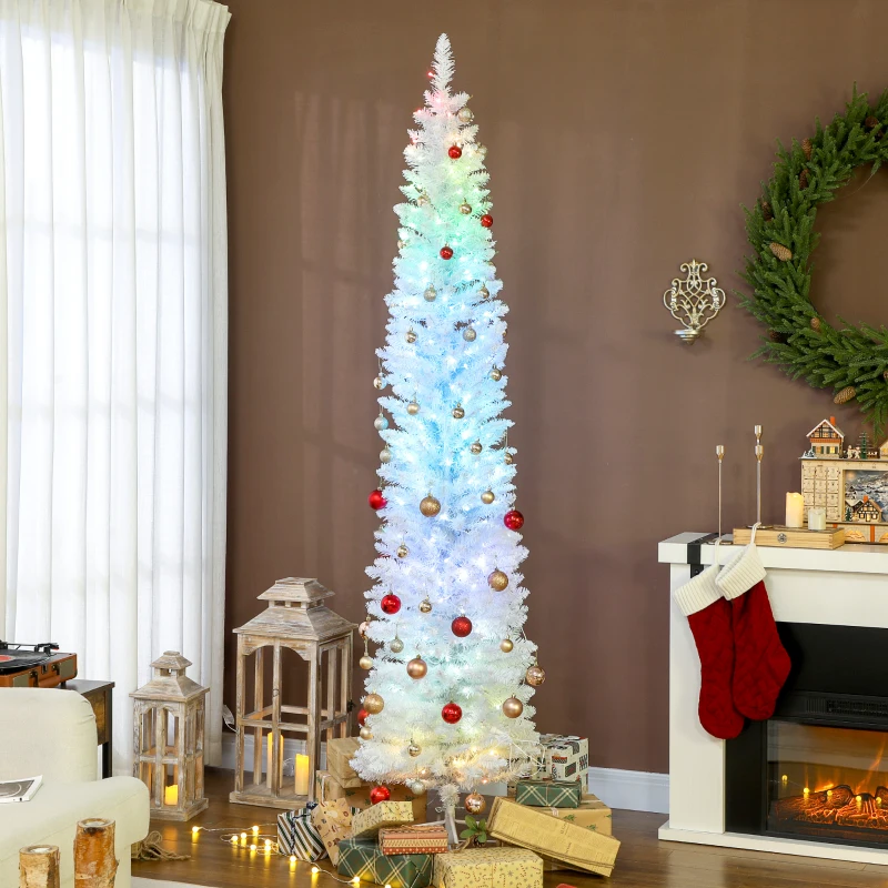 HOMCOM 7.5ft Christmas Tree with Colourful DIY Synchronized LEDs, Hinged Pencil Xmas Tree with Remote, Daily Timer, White