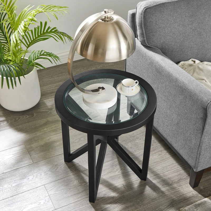 Modern Round Glass Coffee Table with Tempered Glass Top, Solid Poplar Wood Tripod Base, Desk for Living Room, 22" L x 22" W x 22" H, Black