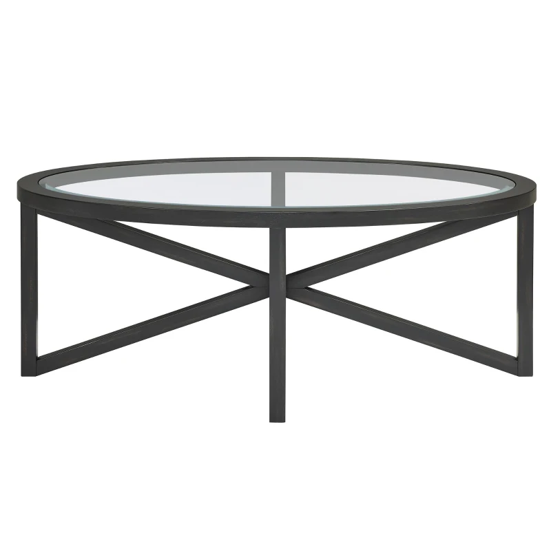 Modern Glass Coffee Table with Solid Wood Tripod Base, Anti-Scratch Curved Edges, Oval Desk for Living Room, 46.5" L x 28.5" W x 18" H, Black