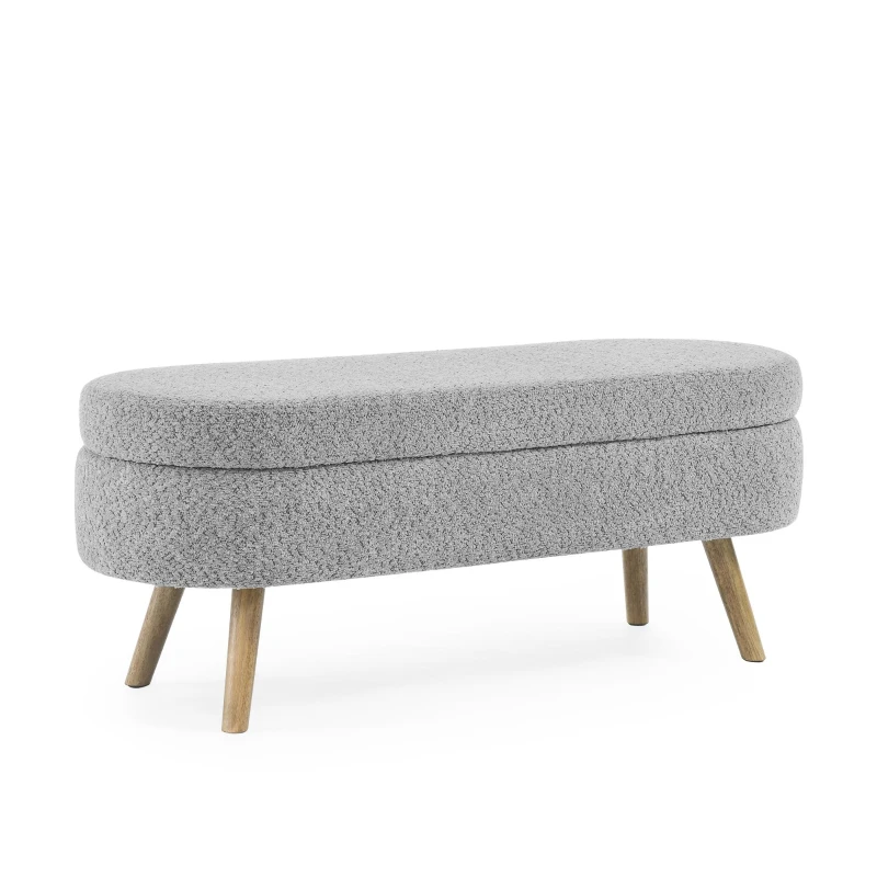 Oval Storage Ottoman Bench with Foam Cushion and Sturdy Rubberwood Legs, Multi-Use Footstool for Bedroom, 43.5" L x 16" W x 16" H, Grey