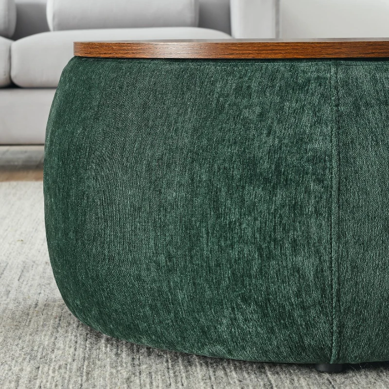 2-in-1 Round Storage Ottoman with Removable Top for Storage, End Table with Eucalyptus Wood Frame, 25" L x 25" W x 15" H, Green