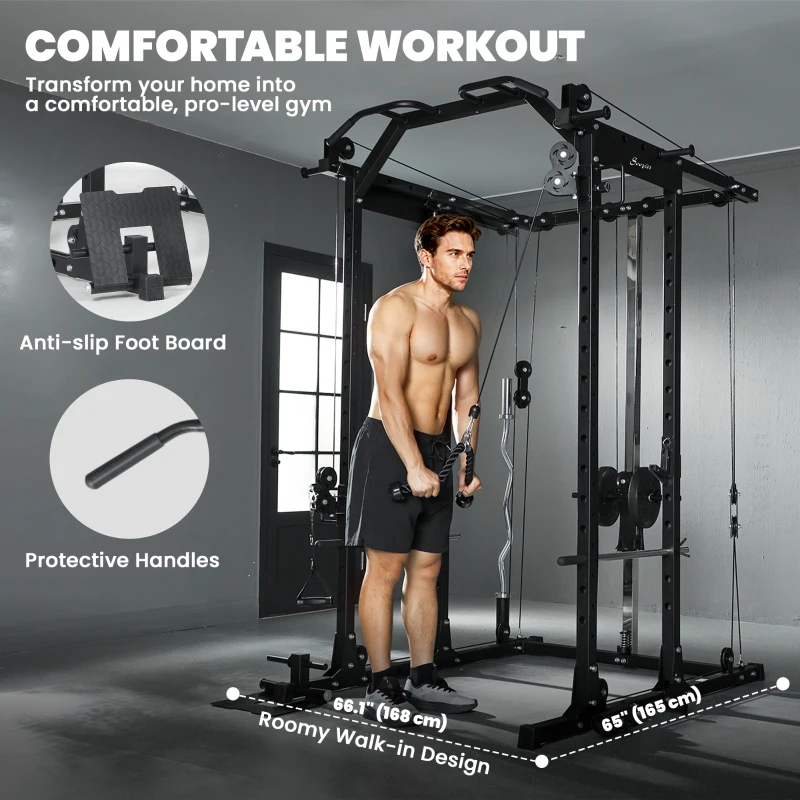 Soozier Multi-Functional Power Rack, Smith Machine Cable Crossover System with Pull Up Bar, Lat-Pull Down System, Landmine