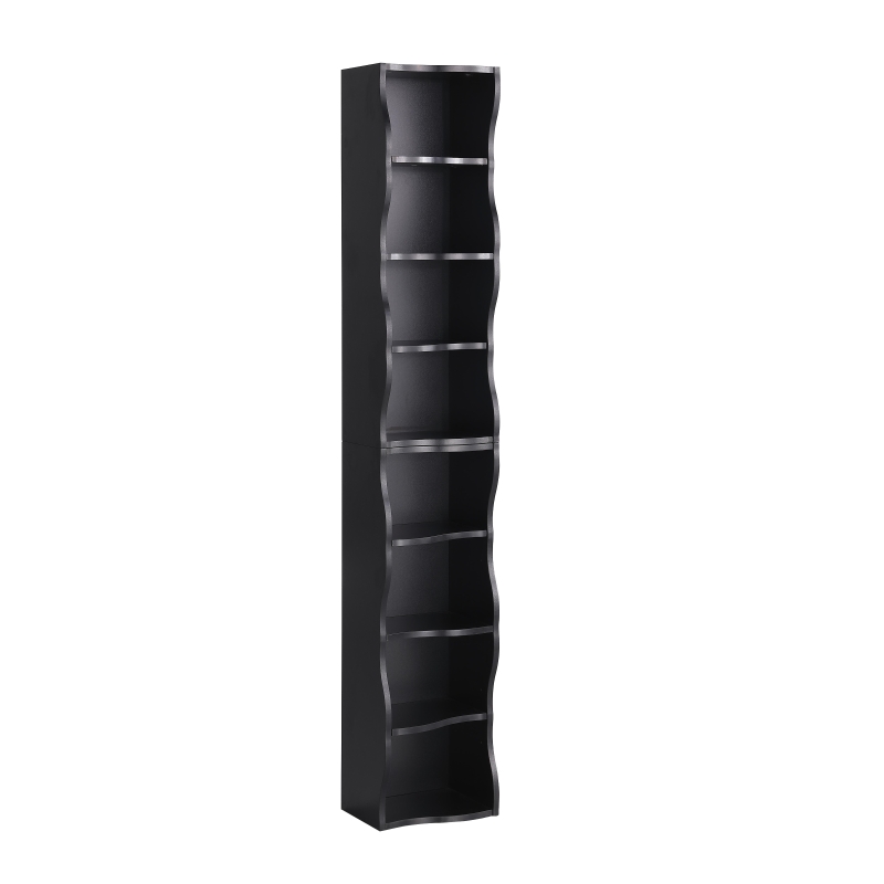 8-Tier Adjustable Slim Bookcase with Wavy Edge Design, Anti-Tip Hardware, Detachable Cabinets for Home Storage, 11.5" L x 9.5" W x 71" H, Black