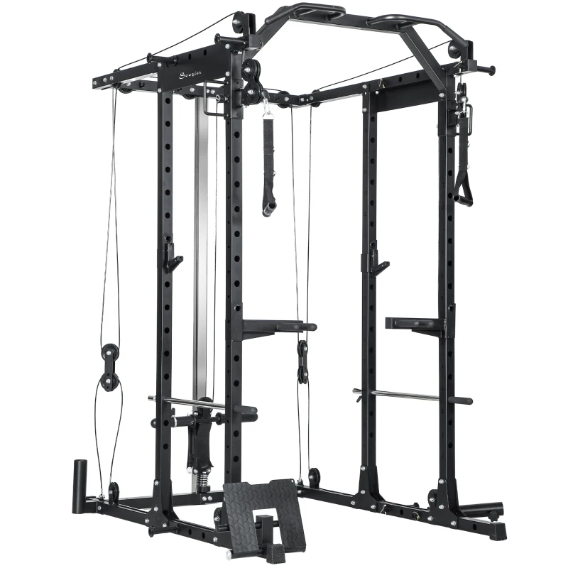 Soozier Multi-Functional Power Rack, Smith Machine Cable Crossover System with Pull Up Bar, Lat-Pull Down System, Landmine