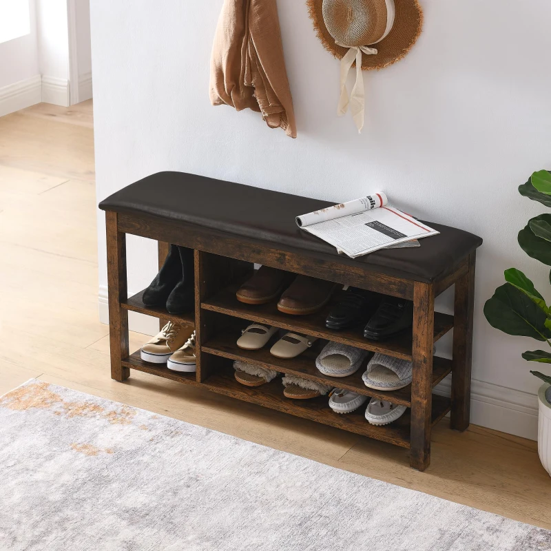 Height-Adjustable Long Shoe Bench with Lift-Up Concealed Storage, Durable Stool with Ventilated Compartments, 39.5" L x 12" W x 22" H, Vintage