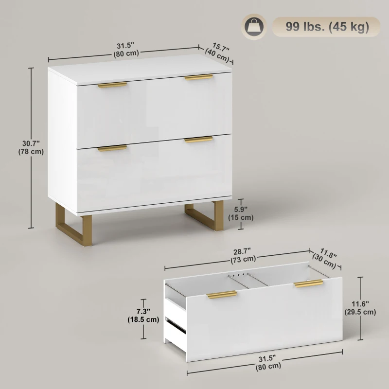 HOMCOM Lateral File Cabinet with 2 Drawers, Modern Filing Cabinet for Letter/A4/Legal Size Files, High Gloss White