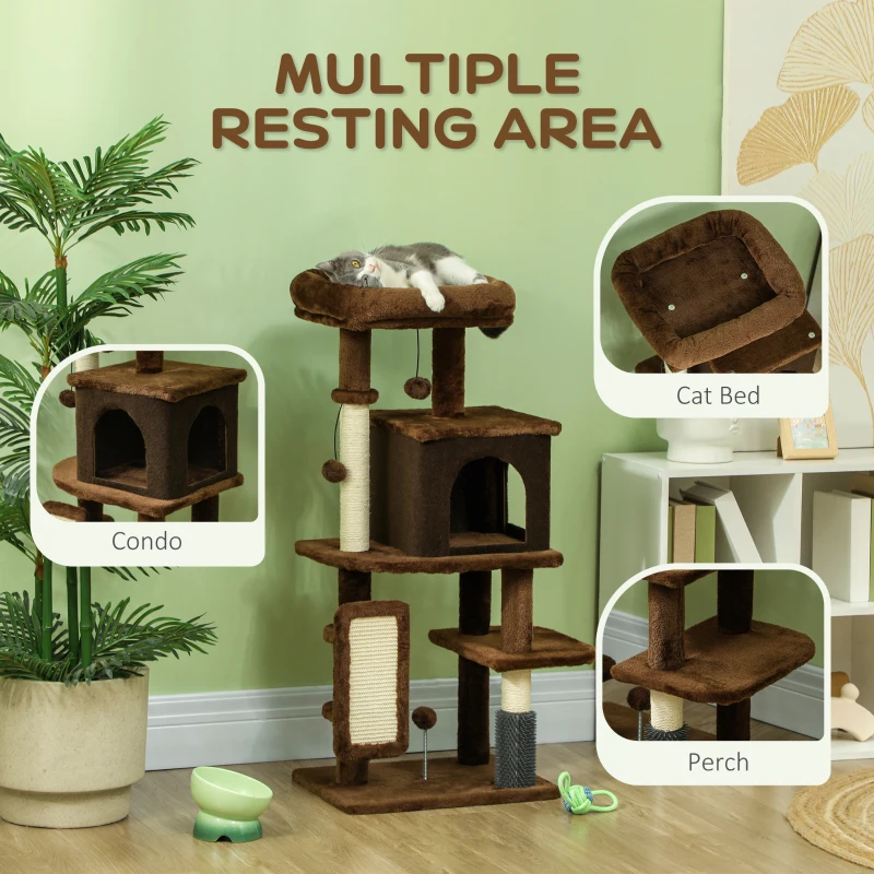 PawHut 41 Inch Cat Tree with Scratching Posts, Cat Bed, Condo, Grooming Brush, Jumping Platforms, Toy Balls, Anti-tip Kit