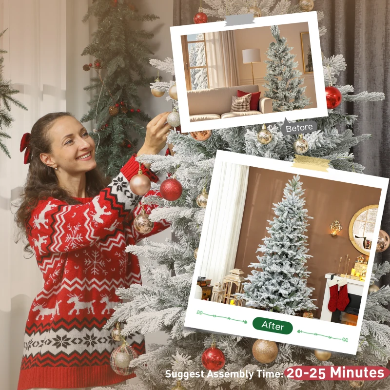 HOMCOM 7.5 ft Artificial Frosted Christmas Tree with Realistic Branches, Wide Full Spruce, Hinged Xmas Tree, Easy Assembly