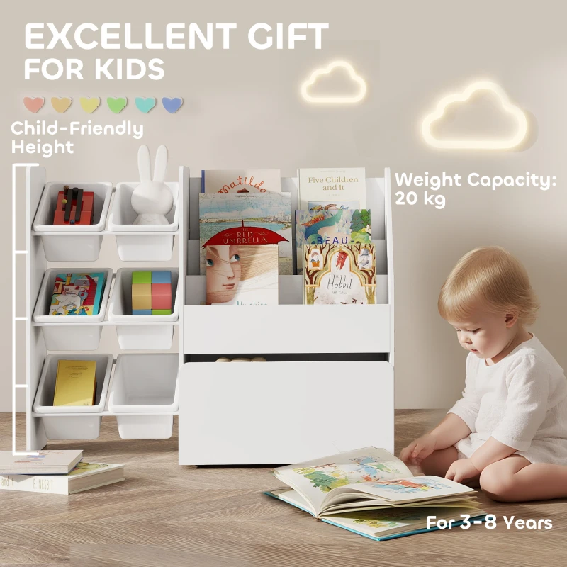 Qaba Kids Bookshelf and Toy Storage, 3-Tier Bookcase with 6 Removable Bins and Box for Toddler Nursery Playroom, White
