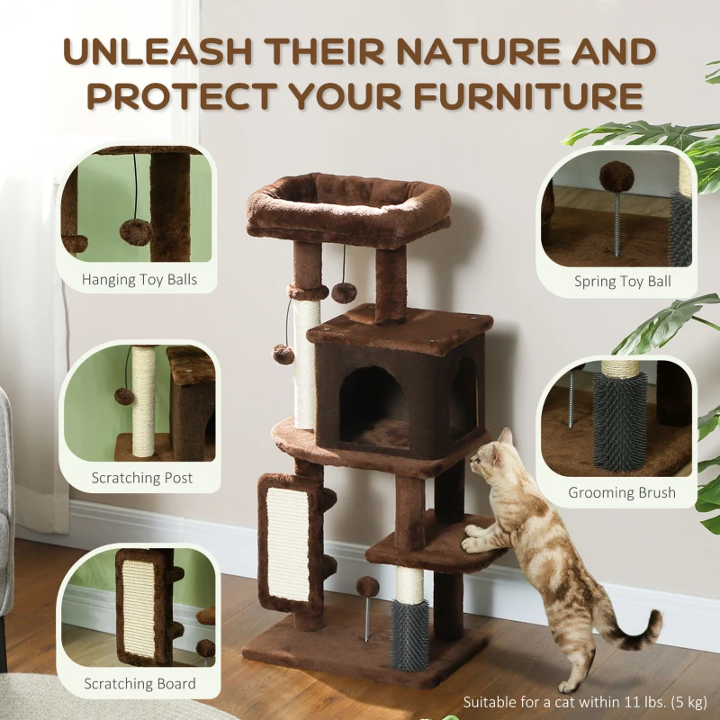 PawHut 41 Inch Cat Tree with Scratching Posts, Cat Bed, Condo, Grooming Brush, Jumping Platforms, Toy Balls, Anti-tip Kit