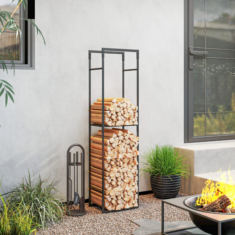 Outsunny Firewood Rack Outdoor, Heavy Duty Log Holder with Adjustable Shelf for Fireplace, Indoor Outdoor Fire Wood Storage Rack