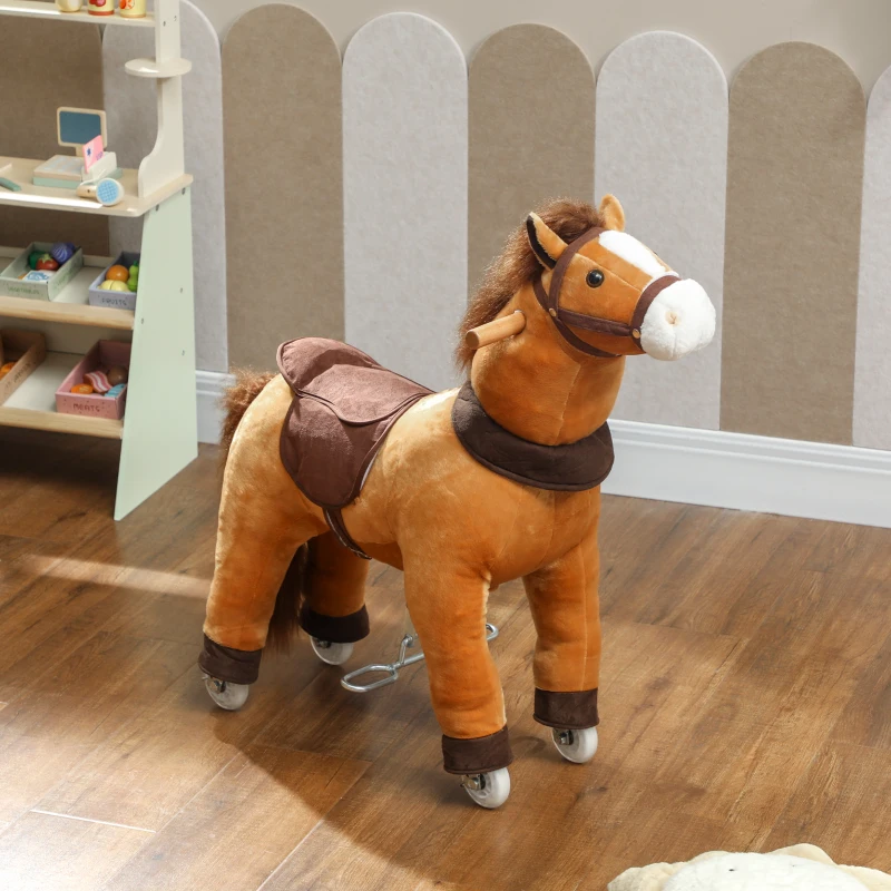 Qaba Ride on Horse, Plush Riding Pony for Ages 3-5, Walking Horse Animal with Wheels for Active Play, Dark Brown