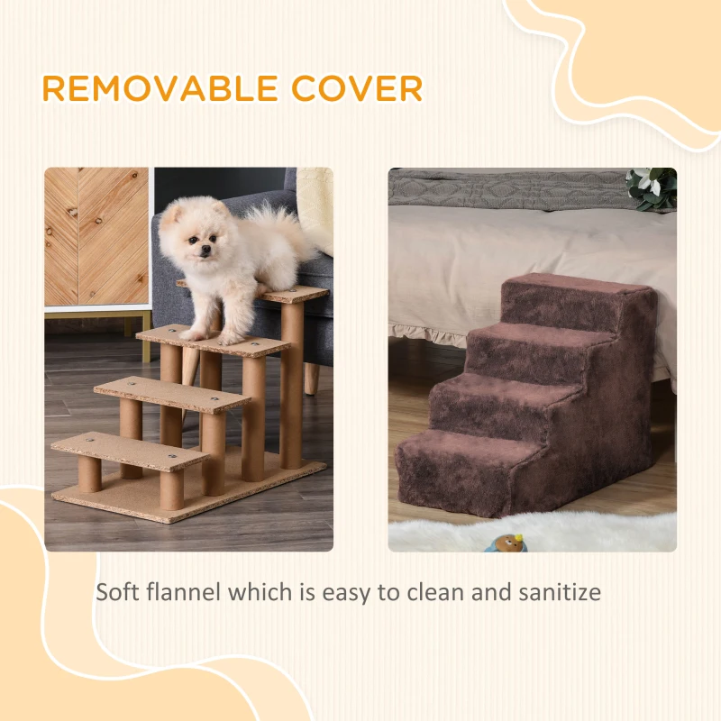 PawHut 4-Step Dog Ramp for Sofa, Bed, and Couch, with Removable Cover, Brown