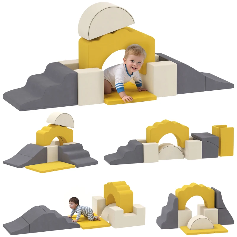 Qaba 7-Piece Baby Soft Play Set, Indoor Soft Play Gym Activity Play Set for Crawling, Sliding and Playing, Yellow