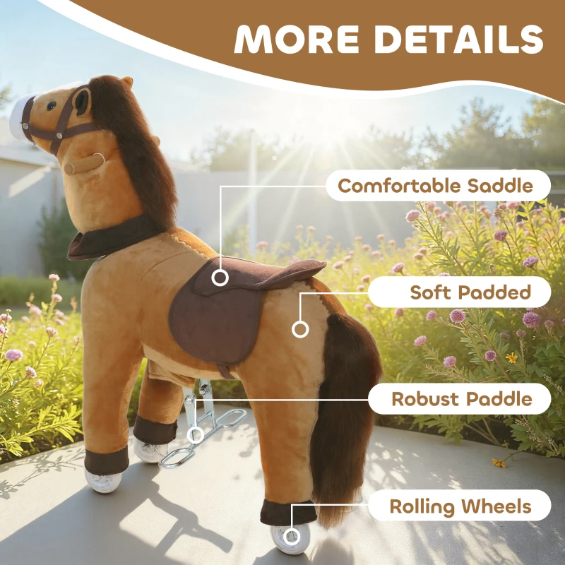 Qaba Ride on Horse, Plush Riding Pony for Ages 3-5, Walking Horse Animal with Wheels for Active Play, Dark Brown
