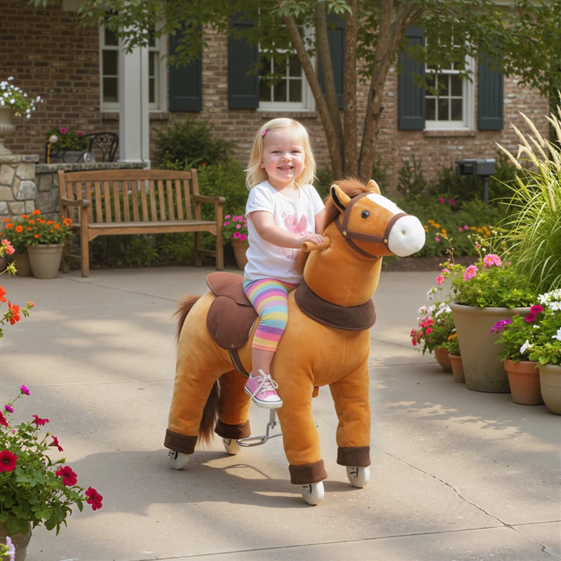 Qaba Ride on Horse, Plush Riding Pony for Ages 3-5, Walking Horse Animal with Wheels for Active Play, Dark Brown
