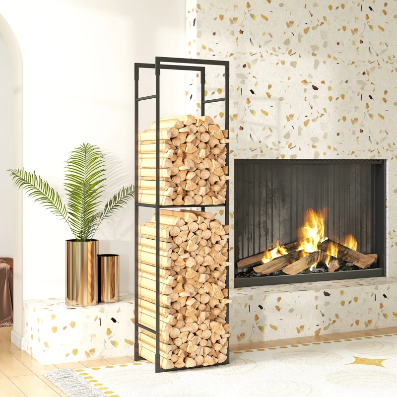 Outsunny Firewood Rack Outdoor, Heavy Duty Log Holder with Adjustable Shelf for Fireplace, Indoor Outdoor Fire Wood Storage Rack