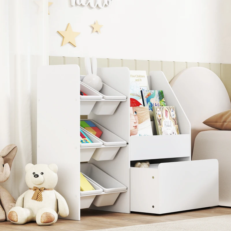 Qaba Kids Bookshelf and Toy Storage, 3-Tier Bookcase with 6 Removable Bins and Box for Toddler Nursery Playroom, White