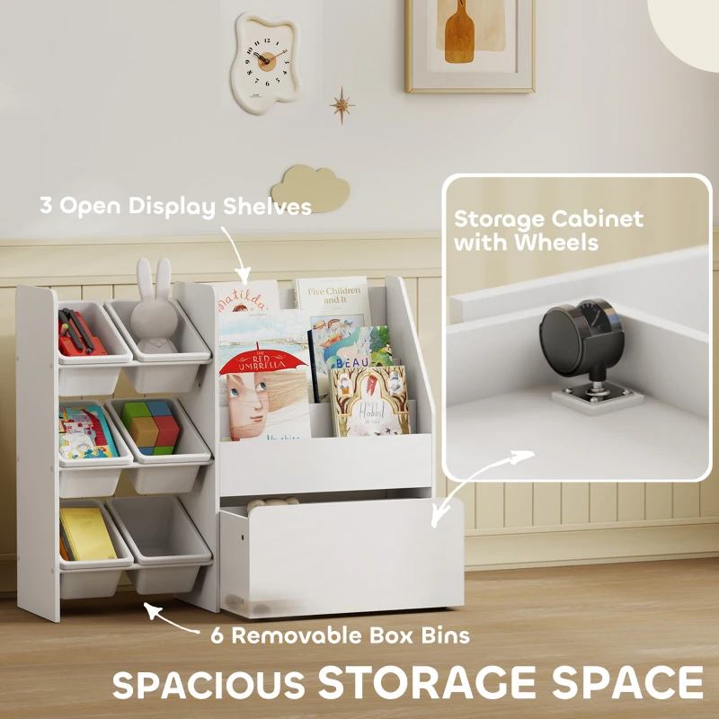 Qaba Kids Bookshelf and Toy Storage, 3-Tier Bookcase with 6 Removable Bins and Box for Toddler Nursery Playroom, White