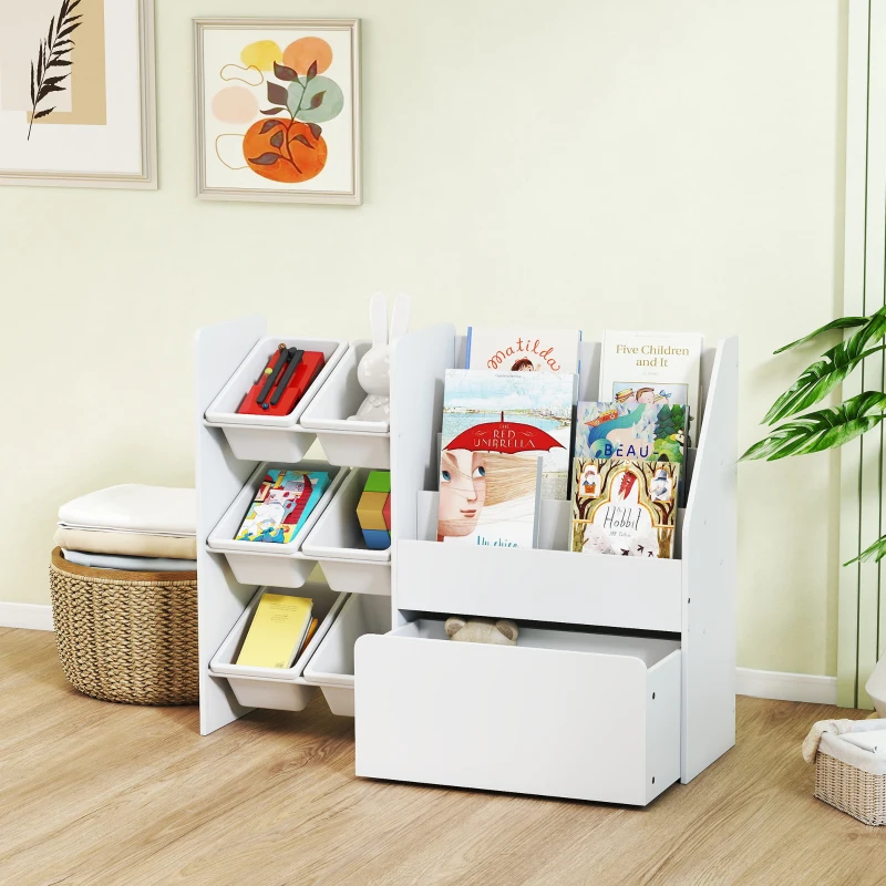 Qaba Kids Bookshelf and Toy Storage, 3-Tier Bookcase with 6 Removable Bins and Box for Toddler Nursery Playroom, White