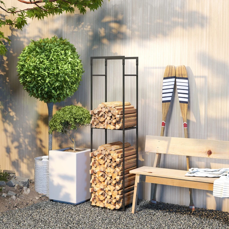 Outsunny Firewood Rack Outdoor, Heavy Duty Log Holder with Adjustable Shelf for Fireplace, Indoor Outdoor Fire Wood Storage Rack