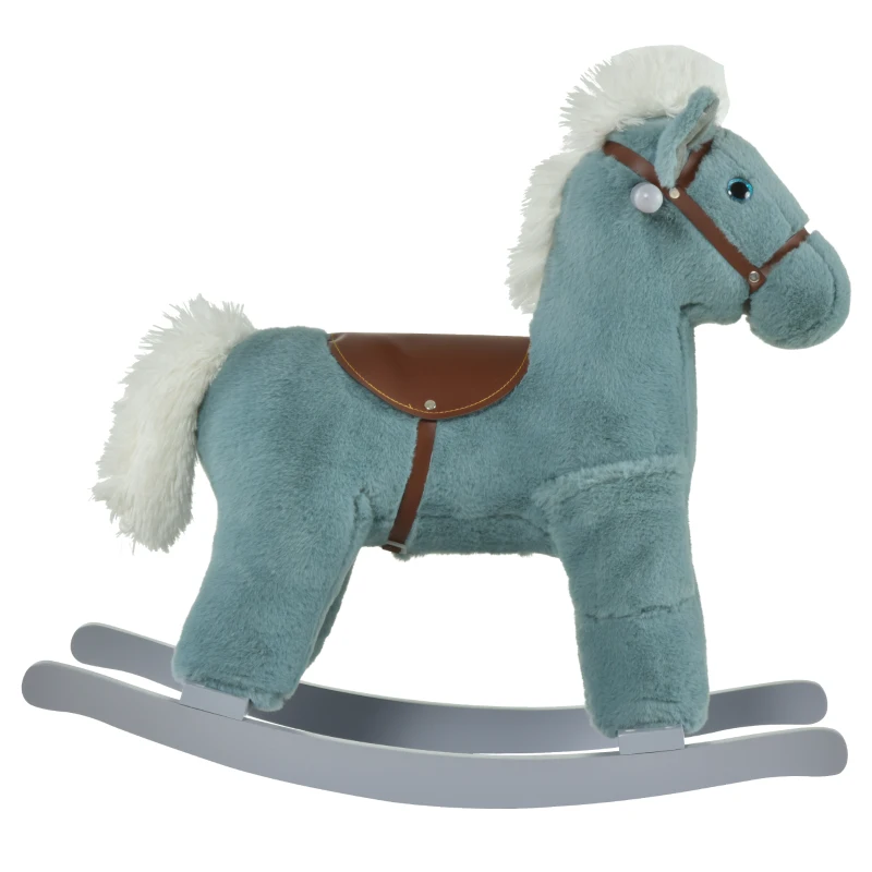 Qaba Kids Rocking Horse Plush Animal on Wooden Rockers with Sounds, Wooden Base and Bear Toy Baby Rocking Chair Blue