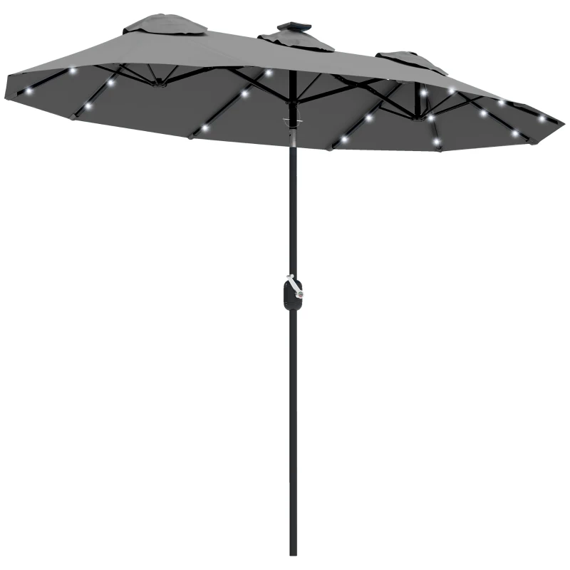 Outsunny Double-sided Patio Umbrella, 9.7' Outdoor Umbrella with Tilt and Crank, LED Solar Light and 12 Ribs, Gray