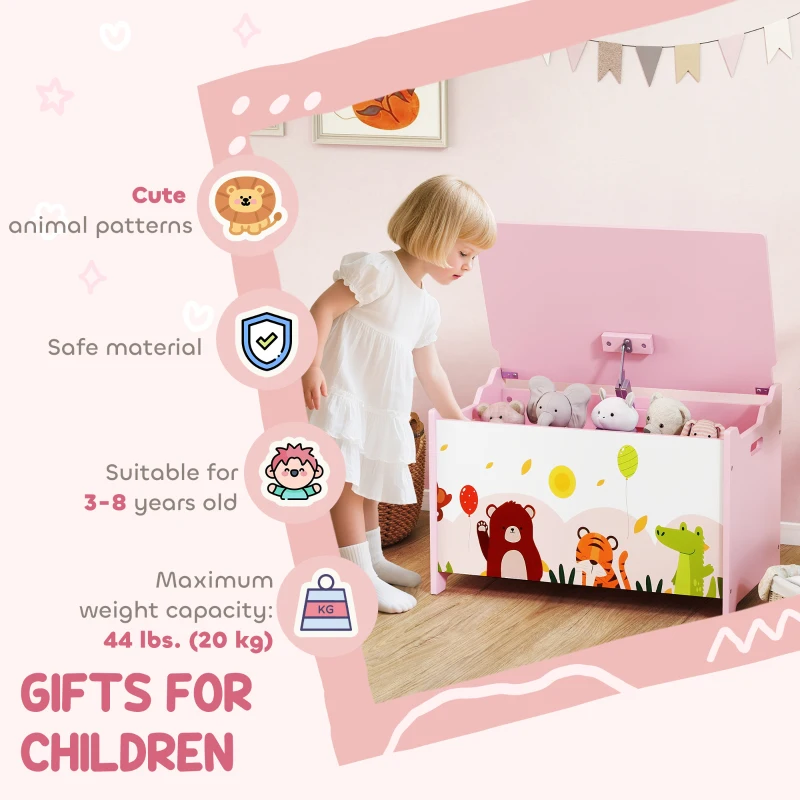 Qaba Kids Storage Chest with Lid, Toy Box Organizer with Safety Hinges for Playroom, Bedroom, Living Room, Pink