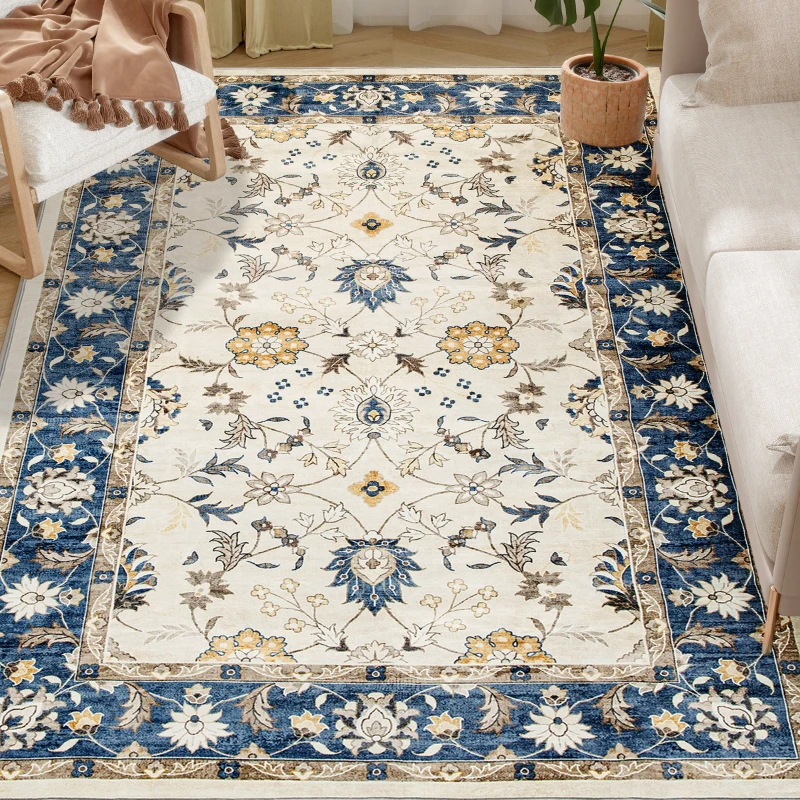 HOMCOM Machine Washable Area Rug 4x6, Non-Slip Boho Floral Print Floor Carpet for Living Room, Bedroom, Dining Room, Blue