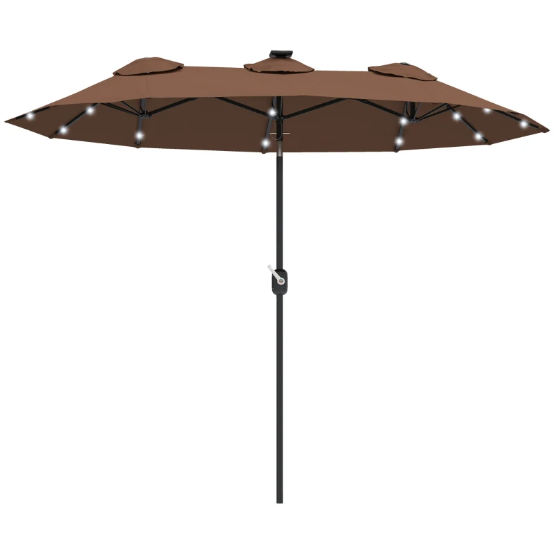 Outsunny Double-sided Patio Umbrella, 9.7 ft. Outdoor Umbrella with 45-Degree Tilt and Crank, LED Solar Light and 12 Ribs, Coffee