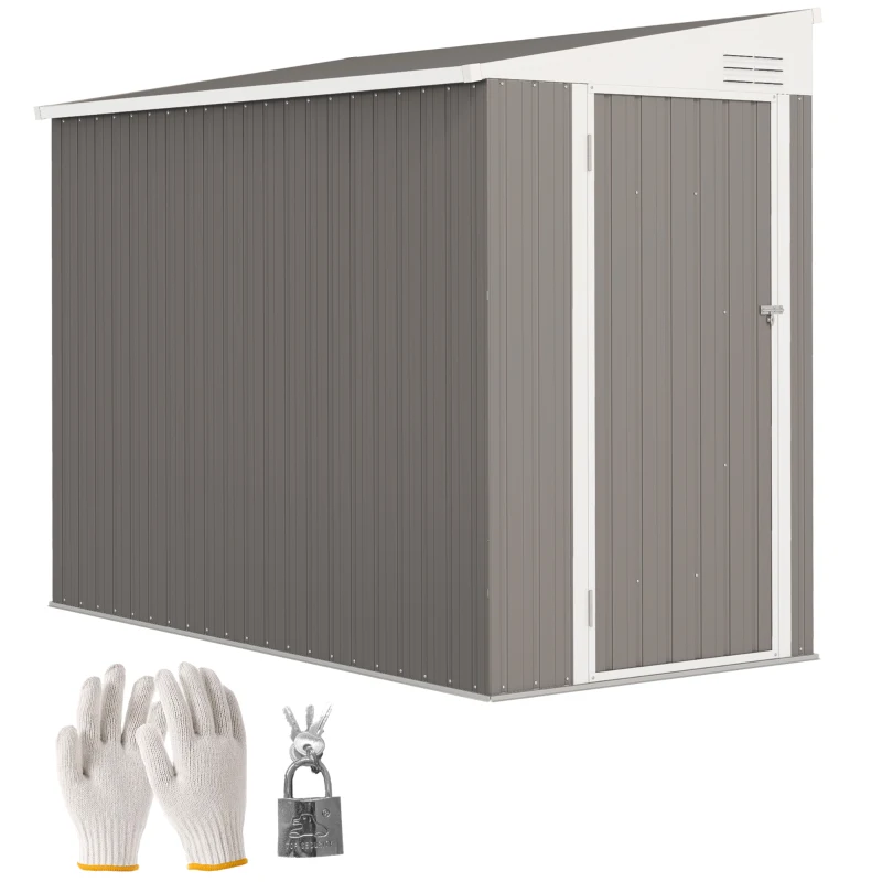 Outsunny 4' x 8' Lean to Garden Storage Shed, Outdoor Metal Tool House with Lockable Door Vents for Backyard Patio Lawn, Light Gray