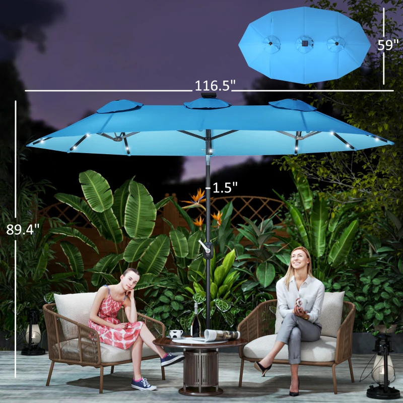 Outsunny Double-sided Patio Umbrella, 9.7' Outdoor Umbrella with Tilt and Crank, LED Solar Light and 12 Ribs, Light Blue
