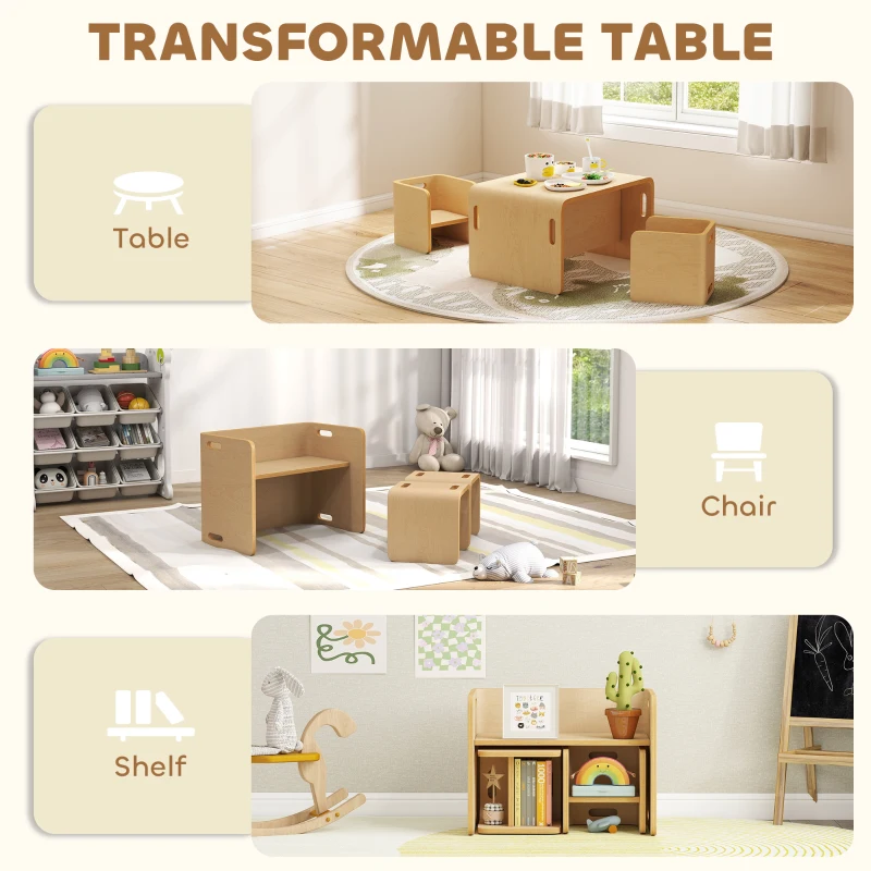 Qaba Kids Table and Chair Set, Height Adjustable Toddler Table and Chair Set for Kids Ages 3-8, Play, Learning, Natural