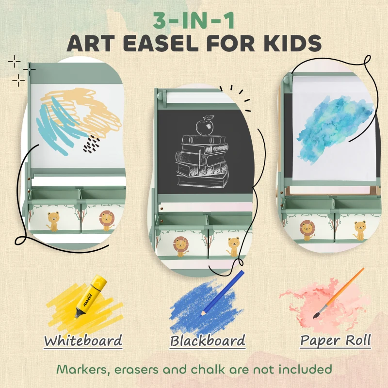 Qaba Art Easel for Kids, Double-Sided Whiteboard & Chalkboard with Paper Roll, Storage Baskets for Toddlers Ages 3-8, Green