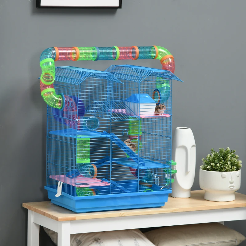 PawHut 18.5" 5 Tier Hamster Cage with Tubes and Tunnels, Small Animal Cage, Rat Gerbil Cage with Water Bottle, Food Dish, Exercise Wheel, Blue