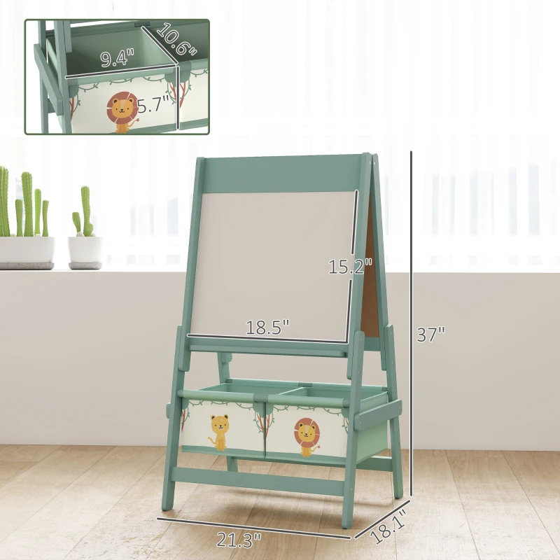 Qaba Art Easel for Kids, Double-Sided Whiteboard & Chalkboard with Paper Roll, Storage Baskets for Toddlers Ages 3-8, Green