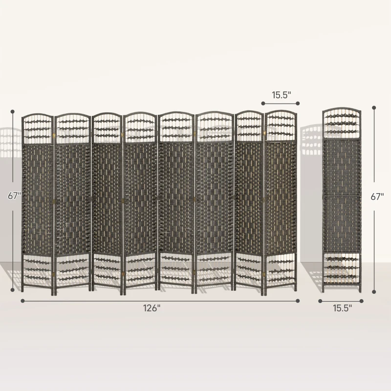 HOMCOM 8 Panel Folding Room Divider Portable Privacy Screen Wave Fiber Room Partition for Home Office Dark Gray