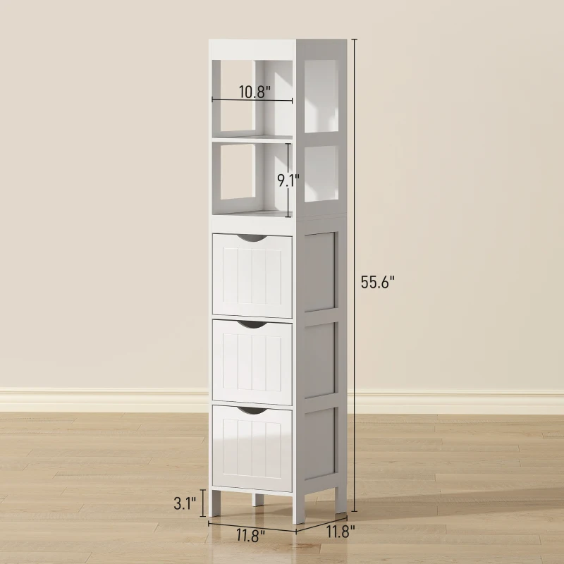HOMCOM Narrow Bathroom Storage Cabinet, Bathroom Cabinet with 3 Drawers & 2 Open Shelves, Slim Bathroom Floor Cabinet, White