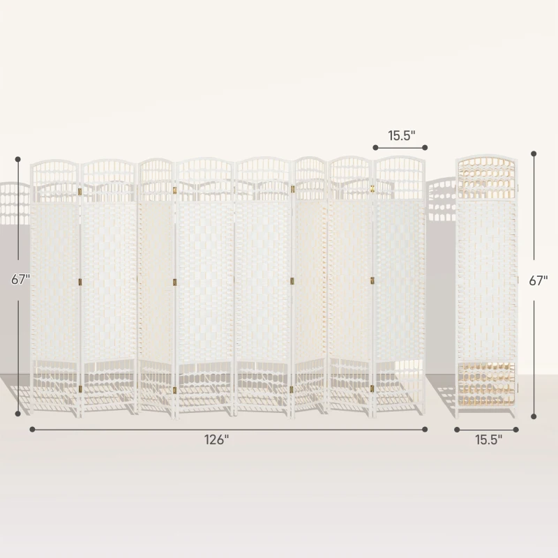 HOMCOM 8 Panel Folding Room Divider Portable Privacy Screen Wave Fiber Room Partition for Home Office White