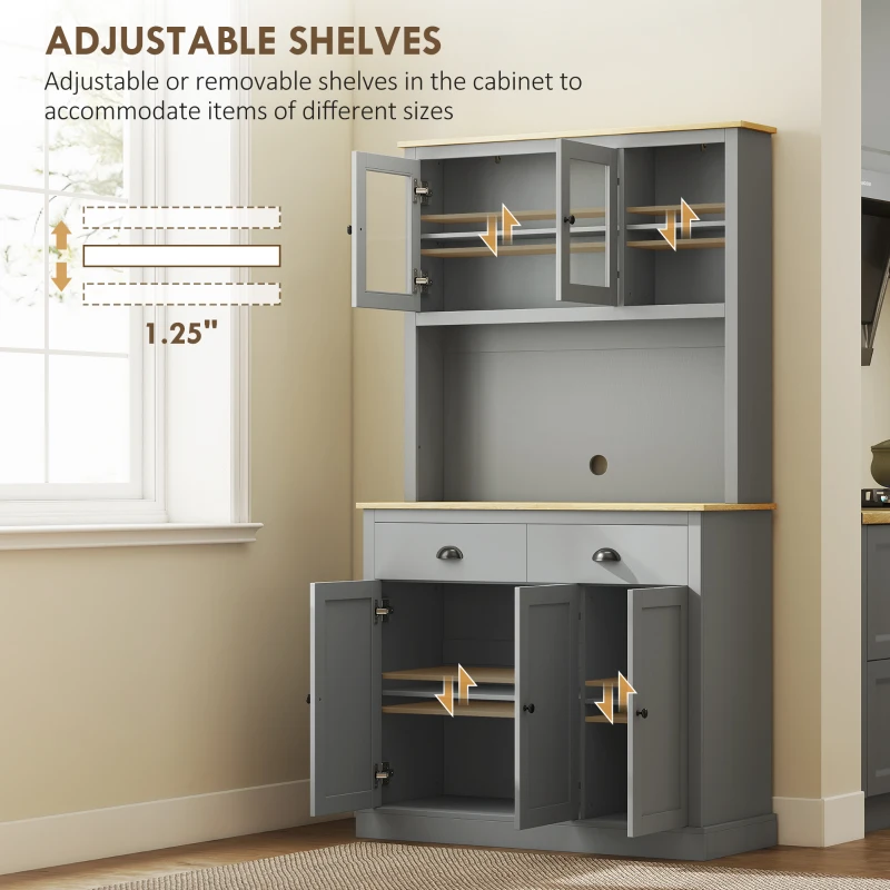 HOMCOM Freestanding Kitchen Cabinet, 71" Tall Pantry Cabinet, Modern Hutch with Wide Countertop, Adjustable Shelves, Gray